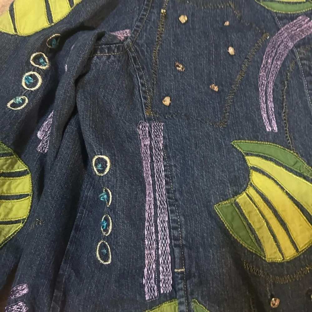 Marsh Landing Plant Embroidery Denim Jean Jacket Abstract Leaf Print Lily pad - Picture 5 of 12